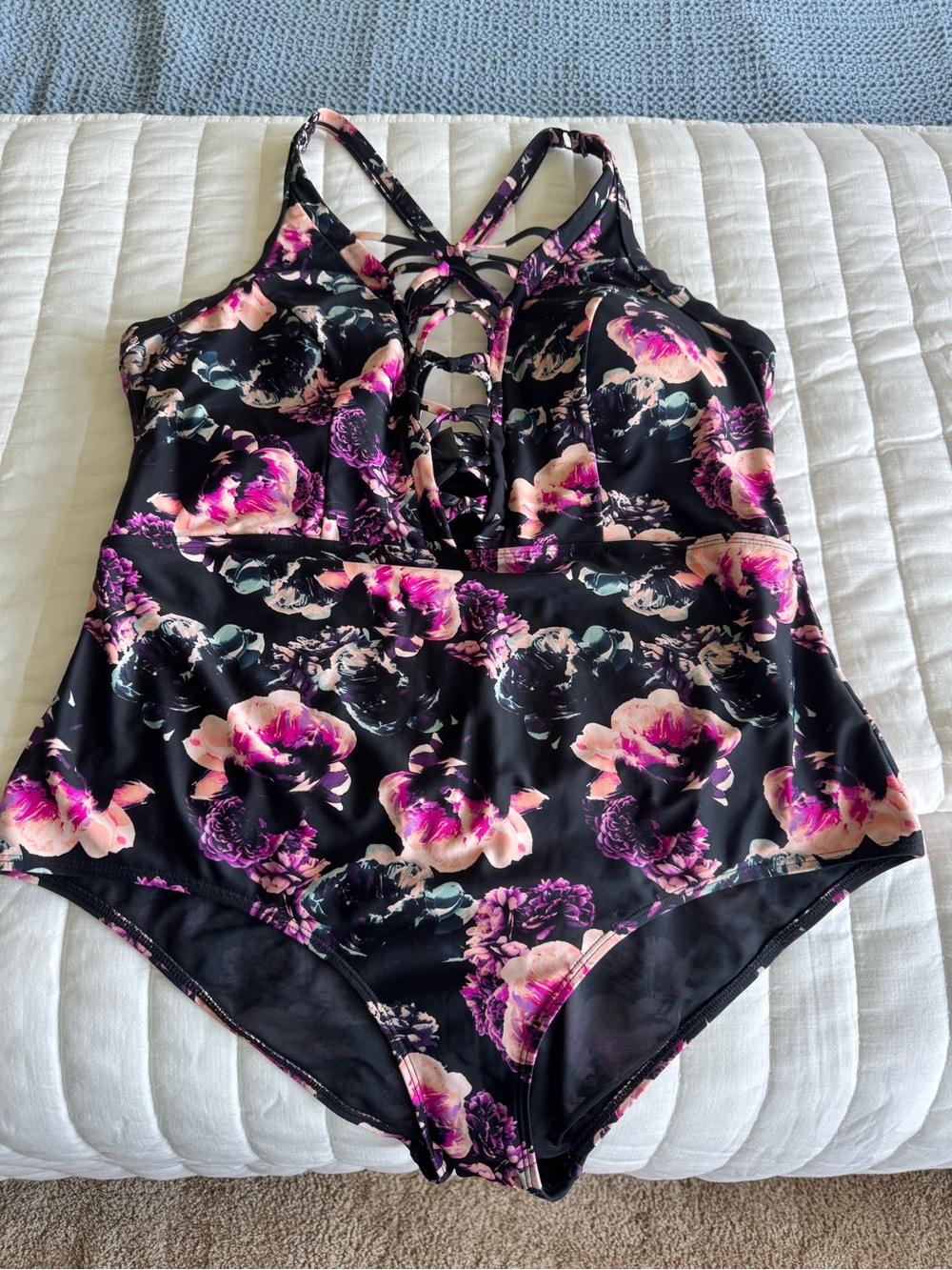 Floral Low Cut  One-Piece Swimsuit - Black with Pink Floral Print